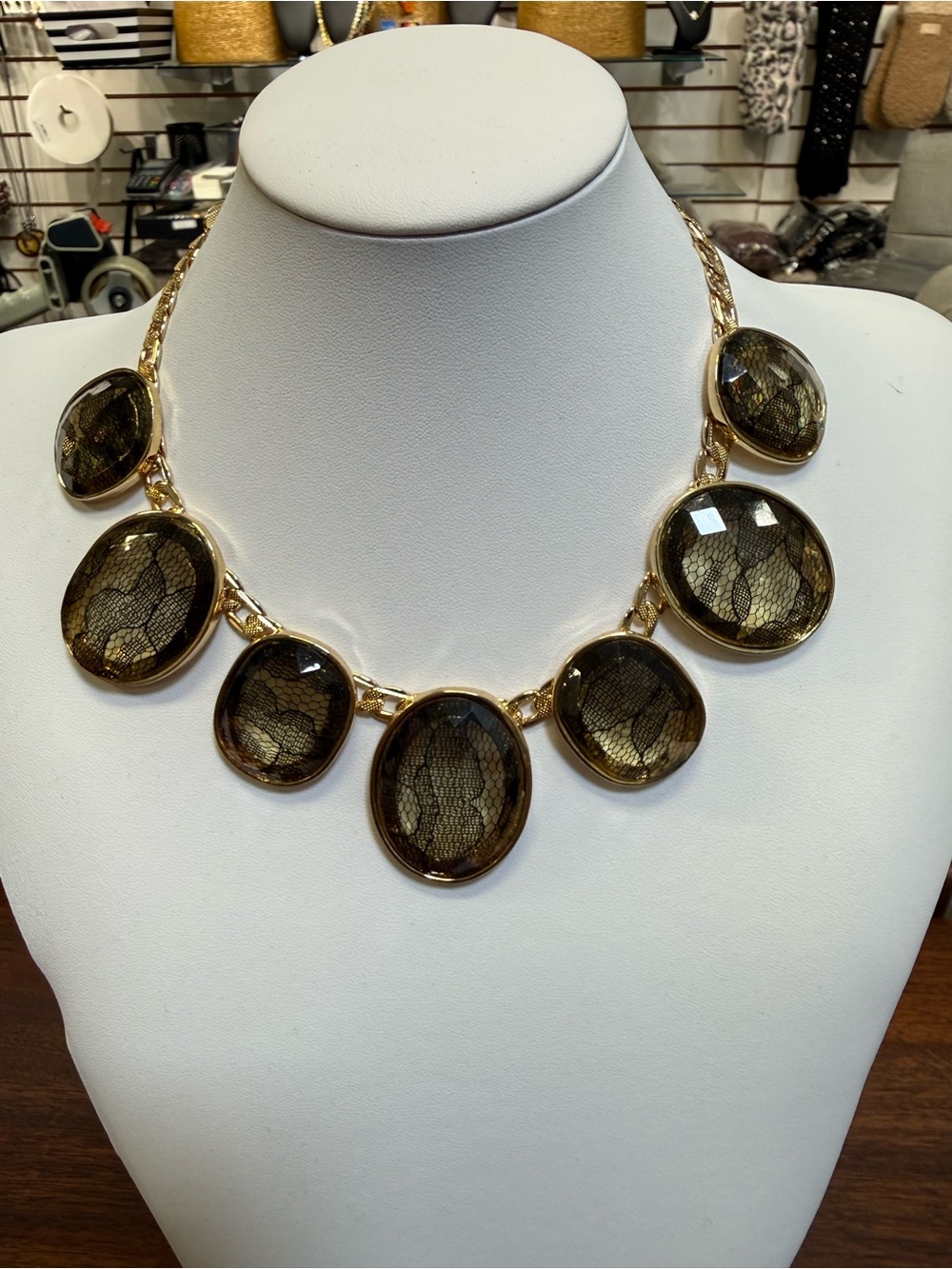 Gold Necklace with Smokey Amber Lace Cabochons